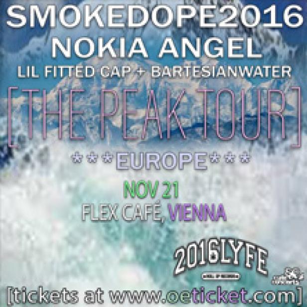 Ein Werbeplakat für die „The Peak Tour“ von Smokedope2016, Nokia Angel, Lil Fitted Cap und Bartesianwater in Wien.