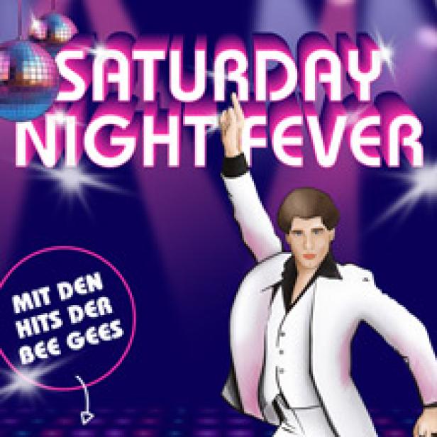 Ein stilisierter Mann im Disco-Outfit vor dem Hintergrund des Musicals „Saturday Night Fever“.