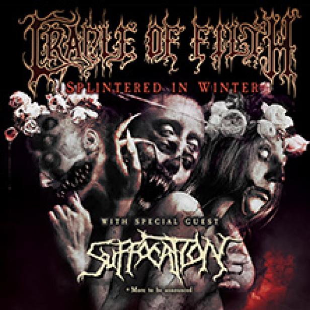 Das Cover des Albums „Splintered in Winter“ von Cradle of Filth zeigt drei blutige, zombieartige Gesichter.