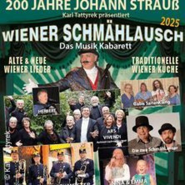Ein Plakat für „Wiener Schmählausch“, ein Musik-Kabarett, das traditionelle Wiener Lieder und Küche präsentiert.