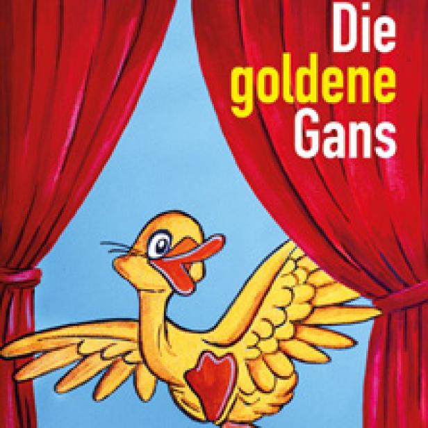 Cover des Buches „Die goldene Gans“ mit einer goldenen Gans vor rotem Vorhang.