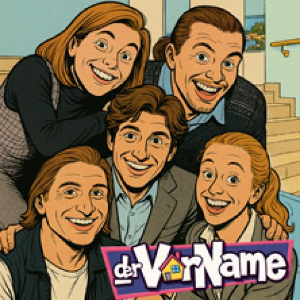Das Filmplakat zu „Der Vorname“ zeigt eine lächelnde Gruppe von fünf Personen.