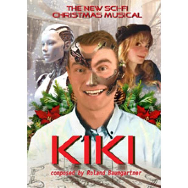 Das Filmplakat für das Sci-Fi-Weihnachtsmusical „Kiki“ zeigt einen Mann mit einer Robotergesichtshälfte.