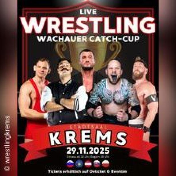 Ein Werbeplakat für den „Wachauer Catch-Cup“ Wrestling-Event in Krems am 29.11.2025 mit fünf Wrestlern.