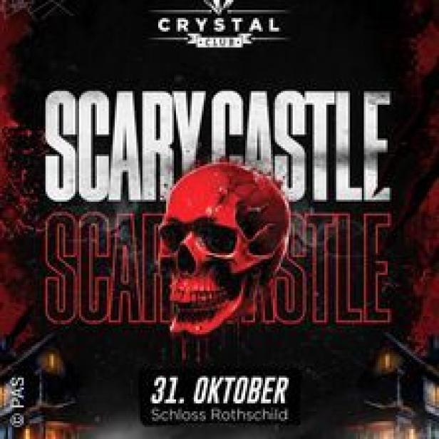 Ein roter Totenkopf vor dem Schriftzug „Scary Castle“ für eine Halloween-Party im Schloss Rothschild.