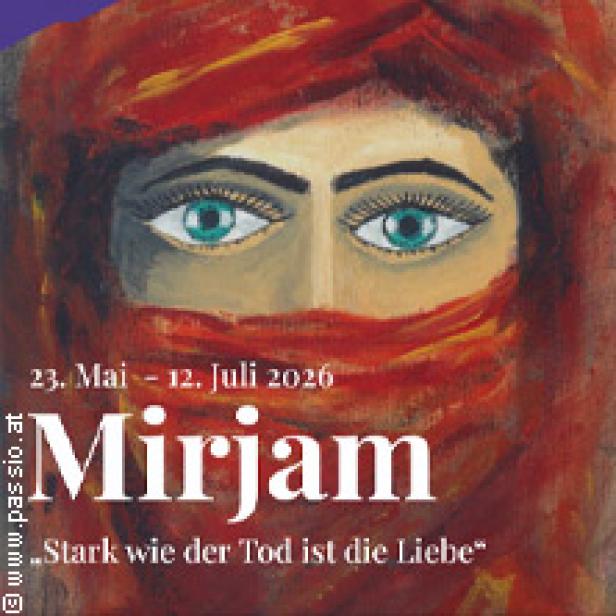 Ein Gemälde einer Frau mit einem roten Schleier, der ihre Haare bedeckt, und dem Titel „Mirjam“.