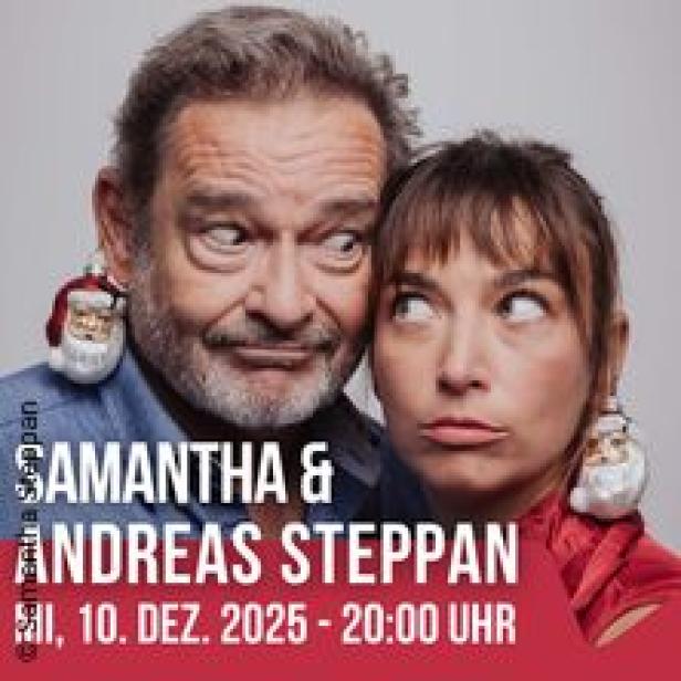 Samantha und Andreas Steppan mit Weihnachtsmann-Ohrringen blicken zur Seite.