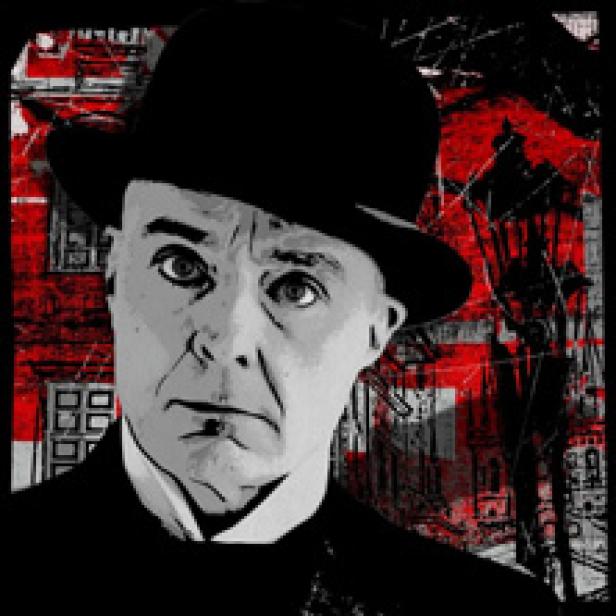 Ein Mann mit Melone vor einem rot-schwarzen Hintergrund mit Straßenszene.