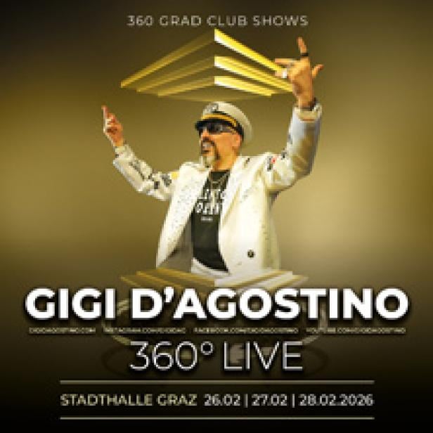 Ein Werbeplakat für eine 360 Grad Club Show mit Gigi D'Agostino in der Stadthalle Graz im Februar 2026.